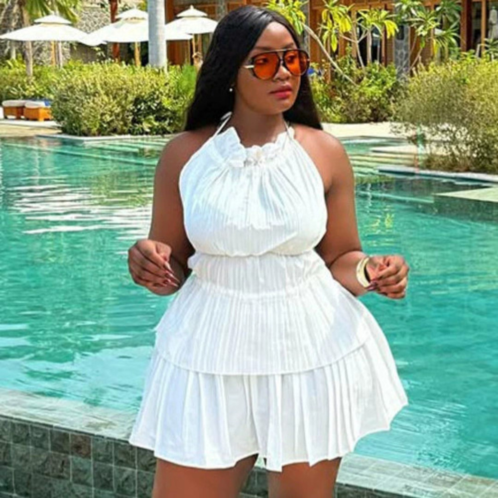 ZARA White Halter Neck Elegant Waist Slimming African Pleated Set